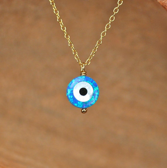 Evil eye necklace, blue eye pendant, amulet necklace, opal eye necklace, round eye necklace, good luck charm, talisman, 14k gold filled