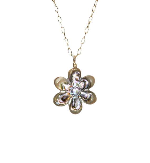 Abalone flower necklace, daisy necklace, rainbow shell pendant, mother of pearl jewelry, dainty 14k gold filled chain