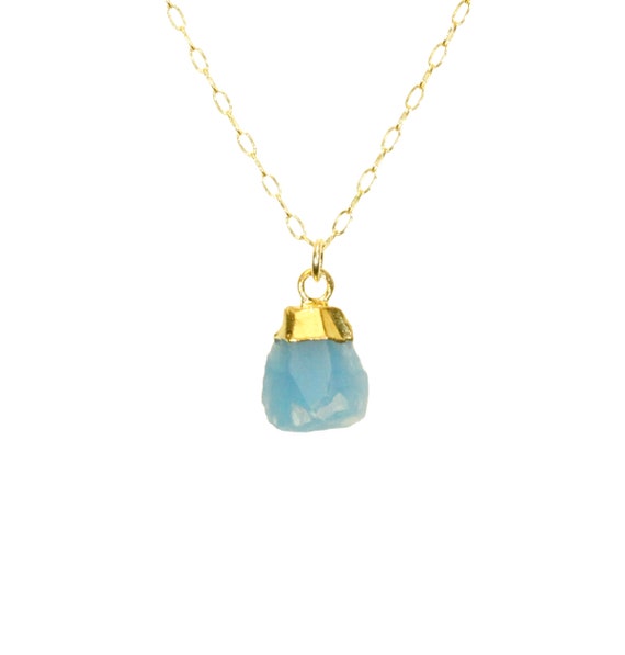 Blue chalcedony necklace, raw crystal pendant, chakra necklace, boho necklace, dainty 14k gold filled chain