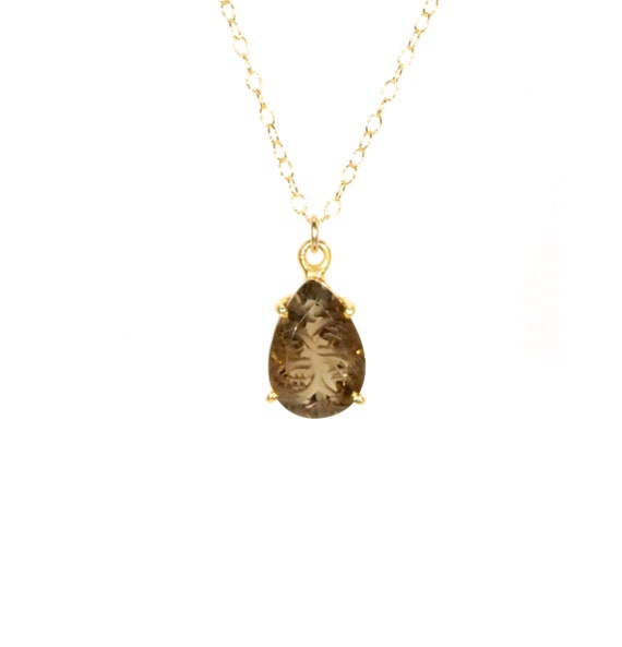 Smokey quartz necklace, healing crystal necklace, earth tone gemstone pendant, engraved crystal, teardrop necklace, 14k gold filled chain