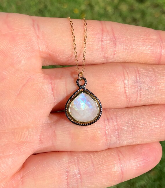 Rainbow moonstone necklace - gold moonstone - june birthstone - crystal necklace - a bezel set teardrop moonstone on a 14k gold filled chain