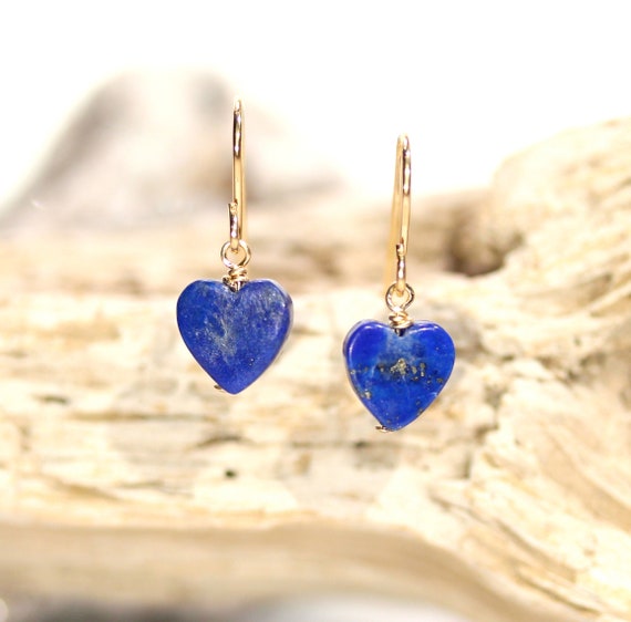 Heart earrings, lapis earrings, blue heart earrings, lapis heart dangle earrings, gift under 30, September birthstone, something blue,