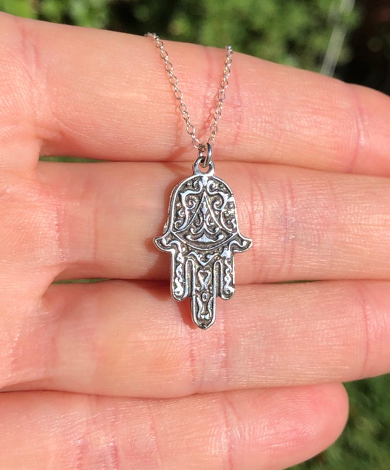 Silver hamsa necklace, fancy hamsa pendant, hand of god, amulet necklace, a filigree style hamsa charm on a sterling silver chain