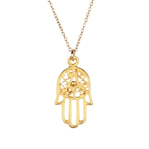 Gold hamsa necklace - hamsa necklace - protection - amulet - a filigree style gold overlay hamsa charm on a 14k gold vermeil chain