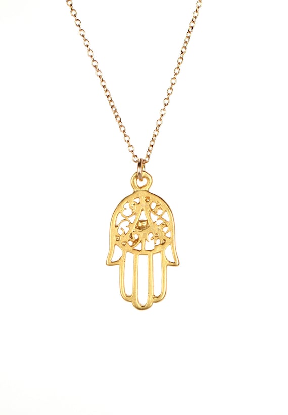 Gold hamsa necklace - hamsa necklace - protection - amulet - a filigree style gold overlay hamsa charm on a 14k gold vermeil chain