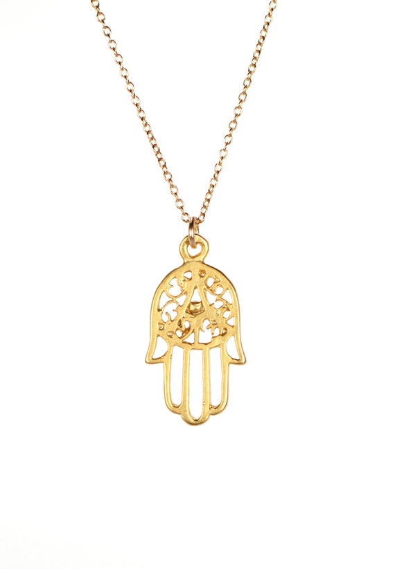 Gold hamsa necklace - hamsa necklace - protection - amulet - a filigree style gold overlay hamsa charm on a 14k gold vermeil chain