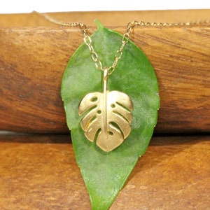 Peut inclure: Un collier en or avec une cha&icirc;ne d&eacute;licate et un pendentif en forme de feuille de monstera. Le pendentif est d&eacute;coup&eacute; et pr&eacute;sente un design d&eacute;taill&eacute;.