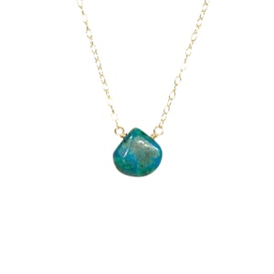 Green drop necklace, Chrysocolla pendant, chakra healing crystal necklace, green mineral teardrop, dainty gold 14k gold filled chain