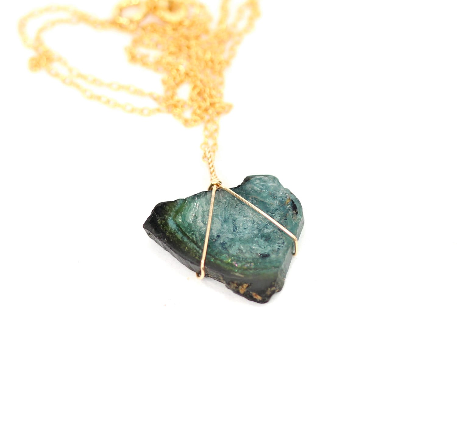 Green tourmaline slice necklace - raw tourmaline necklace - healing crystal necklace - a wire ...