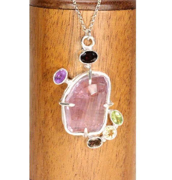 Kunzite necklace, pink crystal necklace, abstract necklace, statement necklace, amethyst, topaz, peridot, garnet, sterling silver chain