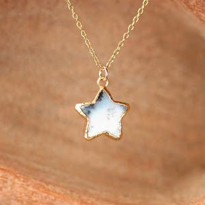 Dendrite opal necklace, gold star necklace, white star pendant, white opal, winter necklace, 14k gold filled chain