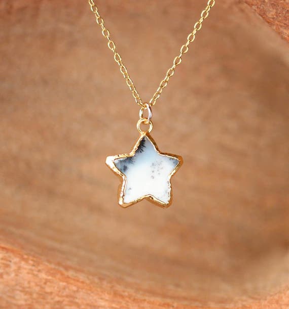 Dendrite opal necklace, gold star necklace, white star pendant, white opal, winter necklace, 14k gold filled chain