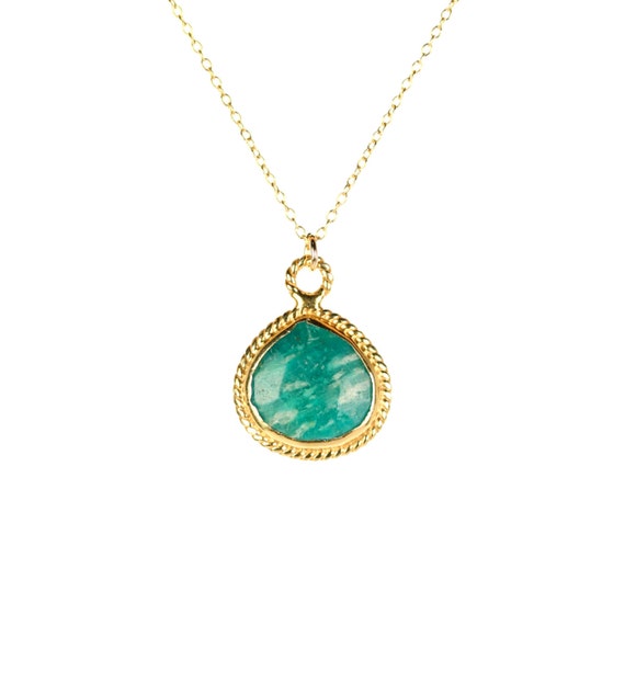 Amazonite necklace, green pendant necklace, gold teardrop necklace, healing crystal necklace, green stone pendant on a 14k gold filled chain