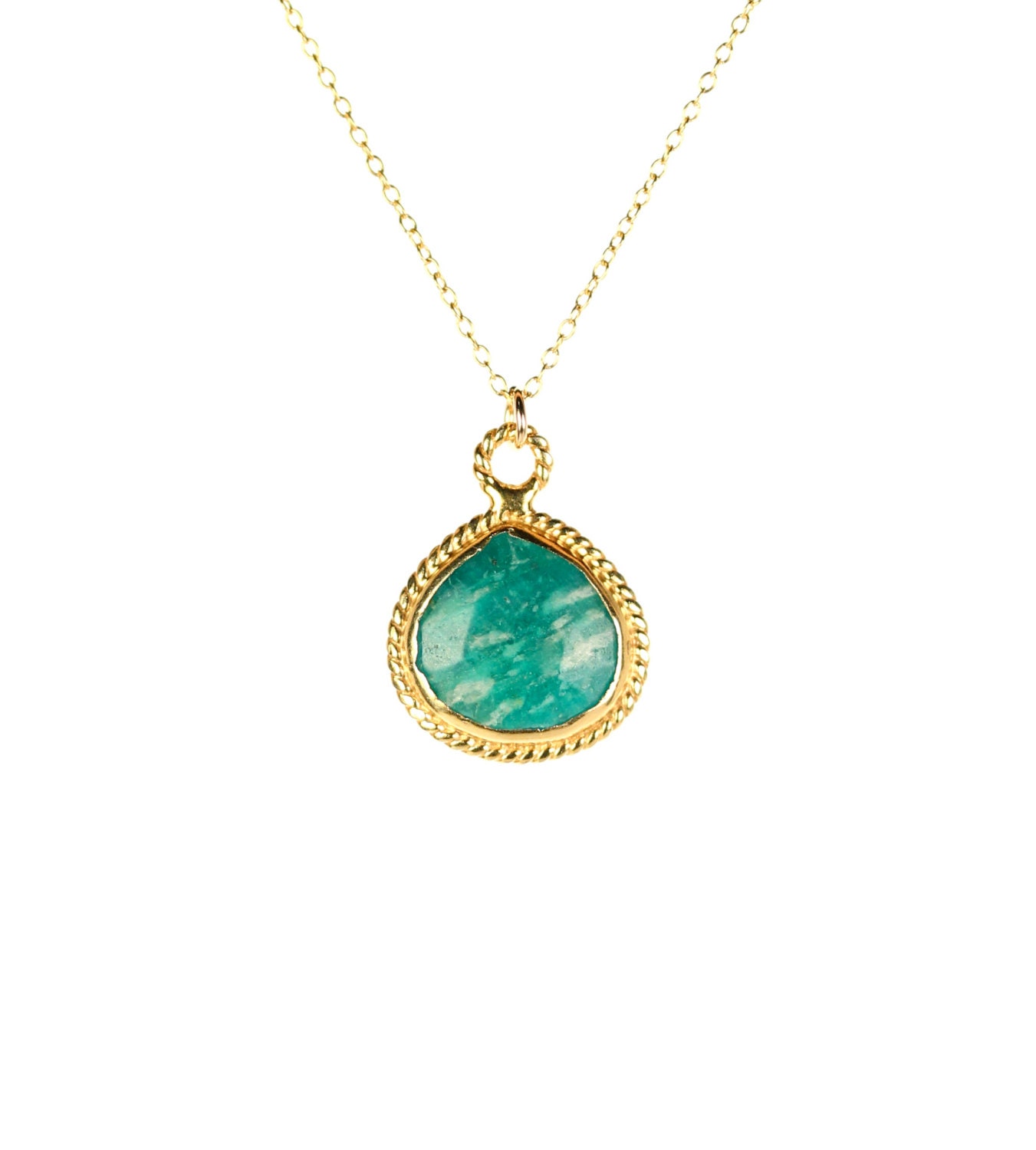 Amazonite necklace, green pendant necklace, gold teardrop necklace ...
