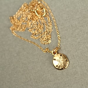 Gold sand dollar necklace - delicate necklace - a tiny 14k gold vermeil sand dollar hanging from a 14k gold filled chain image 2