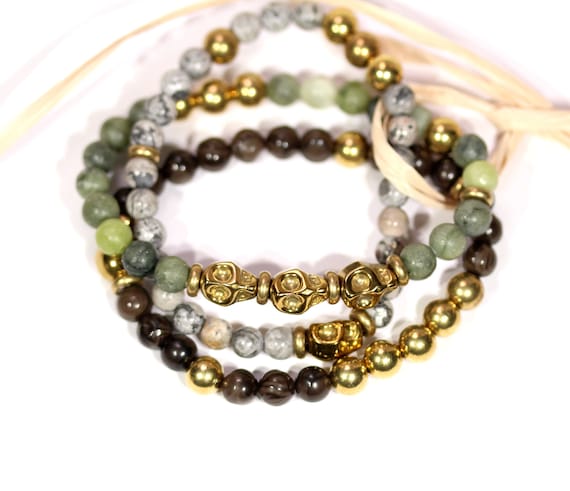 Skull bracelets - stacking bracelets - stone bracelet set - bracelets stack - set of bracelets