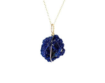 Azurite necklace - druzy necklace - mineral necklace - raw crystal - a blue azurite druzy wire wrapped onto 14k gold filled chain - AZ116