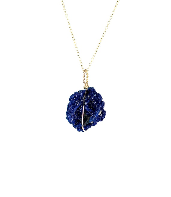 Azurite necklace - druzy necklace - mineral necklace - raw crystal - a blue azurite druzy wire wrapped onto 14k gold filled chain - AZ116