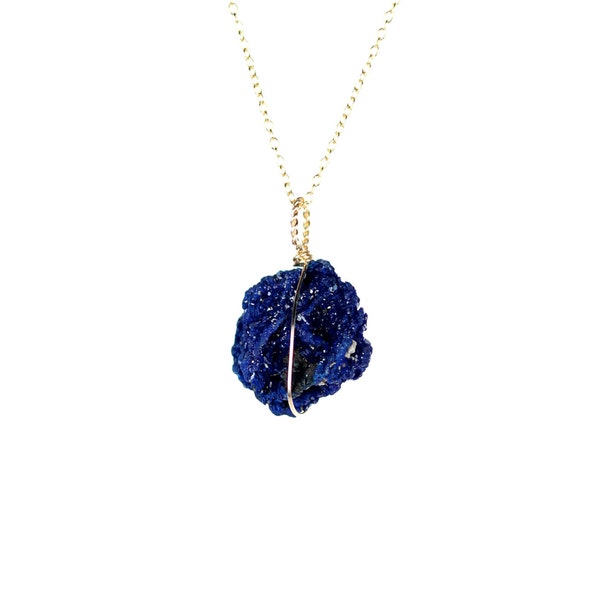 Azurite necklace - druzy necklace - mineral necklace - raw crystal - a blue azurite druzy wire wrapped onto 14k gold filled chain - AZ116