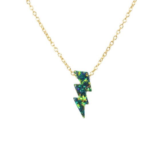 Lightning bolt necklace, green opal lightning bolt jewelry, thunderbolt pendant, fire opal necklace, rainy days necklace, dainty gold chain