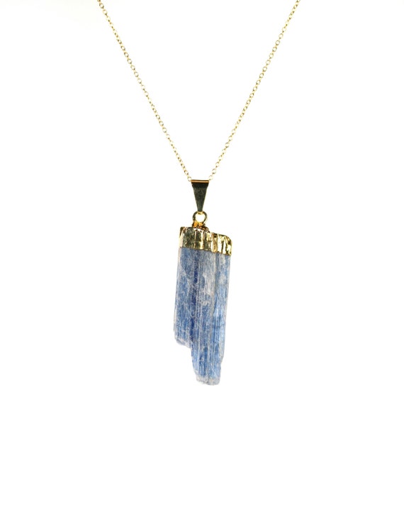 Kyanite necklace, raw blue crystal wand, energy healing necklace, a gold dipped blue kyanite on a 14k gold filled chain