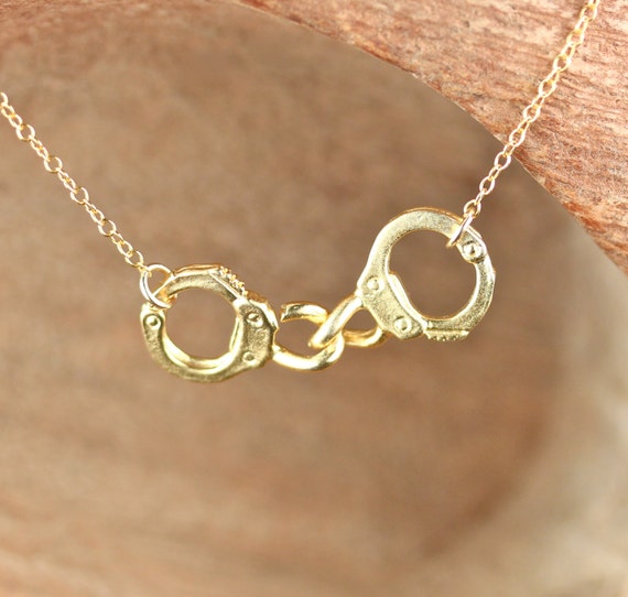 Handcuff necklace, partners in crime, best friends necklace, engagement necklace, a pair of gold handcuffs on a 14k gold filled chain