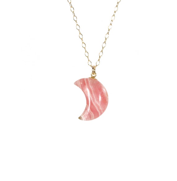 Pink moon Rhodochrosite necklace, crescent moon pendant, celestial, chakra necklace, dainty 14k gold filled chain