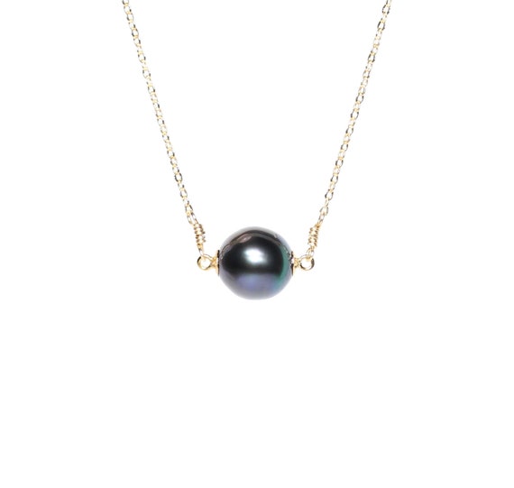 Tahitian Pearl Necklace, south sea pearl jewelry, AA Tahitian pearl pendant, black pearl, Tahitian peacock pearl, floating pearl necklace