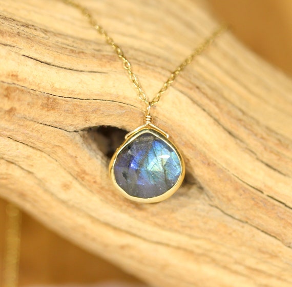 Labradorite necklace, healing crystal necklace, rainbow stone necklace, a gold bezel set labradorite teardrop on a 14k gold filled chain