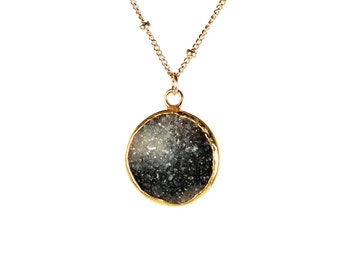 Druzy necklace, black crystal necklace, raw crystal necklace, black circle pendant, a gold lined geode druzy on a 14k gold filled chain