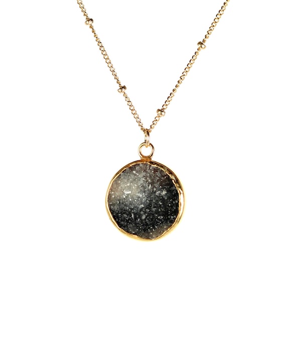 Druzy necklace, black crystal necklace, raw crystal necklace, black circle pendant, a gold lined geode druzy on a 14k gold filled chain