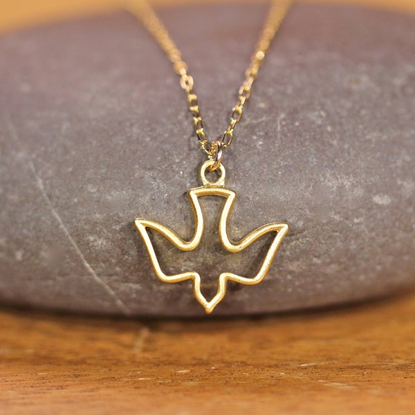 Dove Necklace: Dainty Flying Bird Pendant, Memorial, 14k Gold Filled Chain