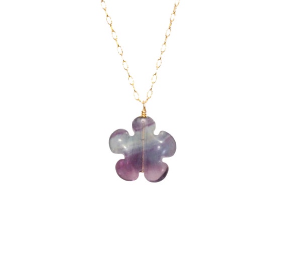 Fluorite necklace, flower necklace, healing crystal pendant, daisy necklace, flower power jewelry, flower child, 14k gold filled chain