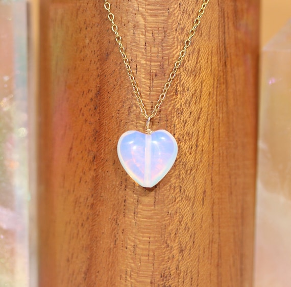 Opalite heart necklace, white crystal heart, love, gift for her, healing crystal heart necklace, dainty 14k gold filled chain
