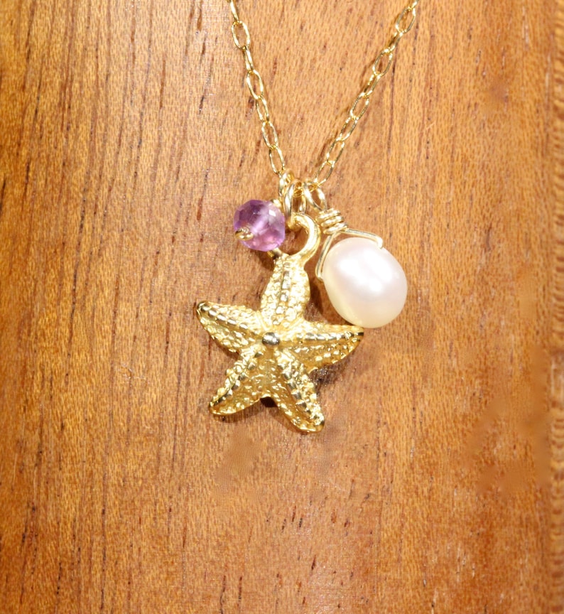 14k gold filled chain Starfish and pearl necklace ocean lover gold sea star pendant surfer amethyst necklace tropical beach necklace