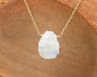 Crystal slice necklace - raw moonstone necklace - rainbow moonstone necklace - june birthstone necklace - 14k gold filled necklace