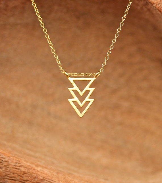 Triangle necklace - geometric necklace - chevron necklace - three triangles necklace - a gold triangle pendant on 14k gold vermeil chain