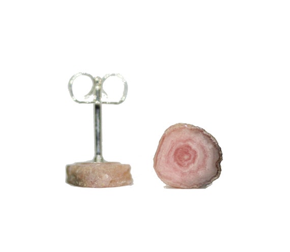 Raw crystal earrings, Rhodochrosite earrings, pink earrings, dot earrings, gemstone earrings, circle earring, round stud earring