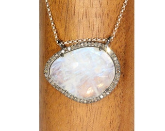 Diamond pendant necklace, rainbow moonstone necklace, pave diamond necklace, June birthstone, April birthstone, healing crystal necklace