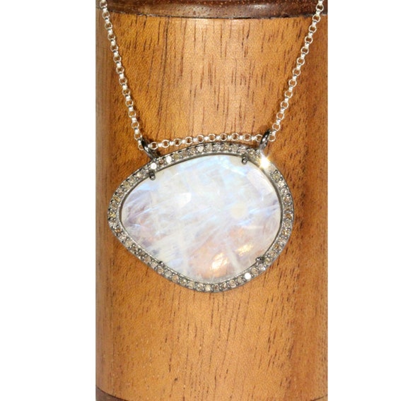 Diamond pendant necklace, rainbow moonstone necklace, pave diamond necklace, June birthstone, April birthstone, healing crystal necklace