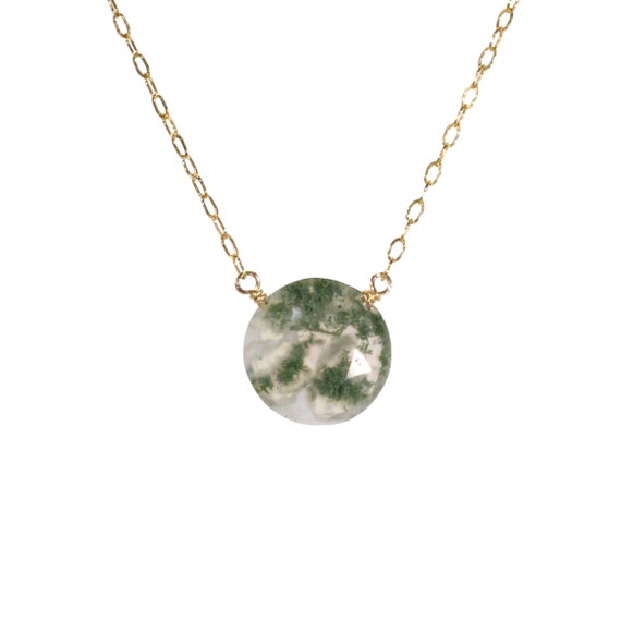 Moss agate necklace, circle necklace, rutilated quartz,  healing crystal pendant, green moss agate on a 14k gold filled chain