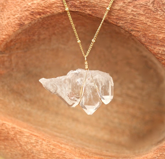 Quartz necklace, faden quartz pendant, raw crystal necklace, natural quartz crystal jewelry, one of a kind, 14k gold filled satellite chain