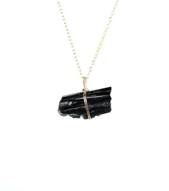 Black tourmaline necklace, raw tourmaline pendant, schorl necklace, a raw tourmaline wand wire wrapped onto a 14k gold filled chain