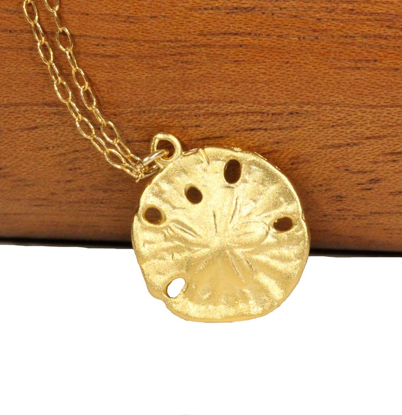 Gold sand dollar necklace, delicate necklace, beach necklace, silver sea star, a 14k gold vermeil sand dollar on a 14k gold filled chain image 6