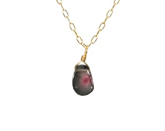 Collar con rodajas de turmalina y sandía: cadena chapada en oro de 14 k, delicada joyería bohemia