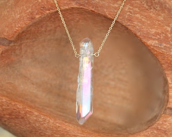 Quartz wand necklace - angle aura quartz necklace - clear quartz necklace - crystal necklace - rainbow necklace