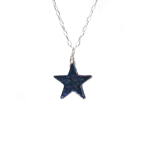 Opal star necklace,  celestial necklace, black star pendant, dainty silver necklace, fire opal necklace, flashy opal, sterling silver