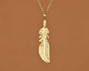 Feather necklace, boho feather pendant, layering necklace, hippie necklace, a 14k gold vermeil feather on 14k gold filled chain