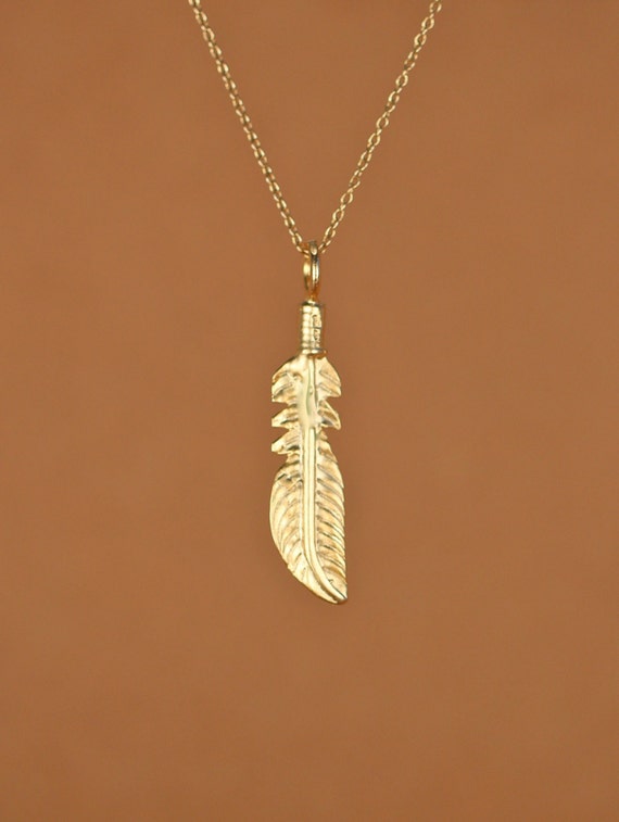 Feather necklace, boho feather pendant, layering necklace, hippie necklace, a 14k gold vermeil feather on 14k gold filled chain