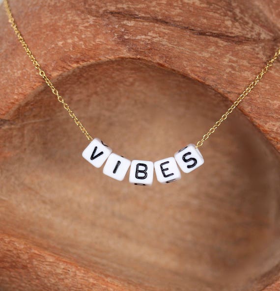 Good vibes necklace, block letter necklace, word necklace, cute gift idea, name necklace, customs jewelry, cute word custom